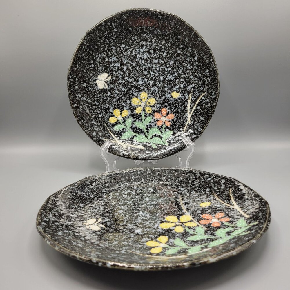 Set Of 2 Floral Speckled Black Ceramic Plates Colorful Yellow Orange Flowers 9"